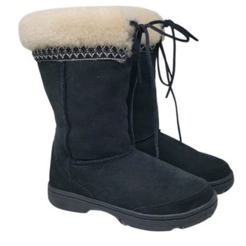 UGG Ultimate Cuff Leather Shearling Winter Snow Boots Black Women Size 8 - Picture 2 of 6